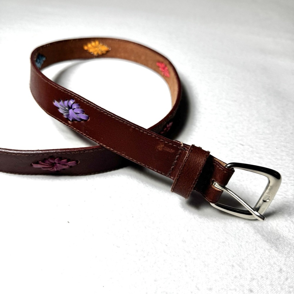 Vintage Genuine English Bridle Bonded Leather Belt Brown Floral Cutout Size‎ M